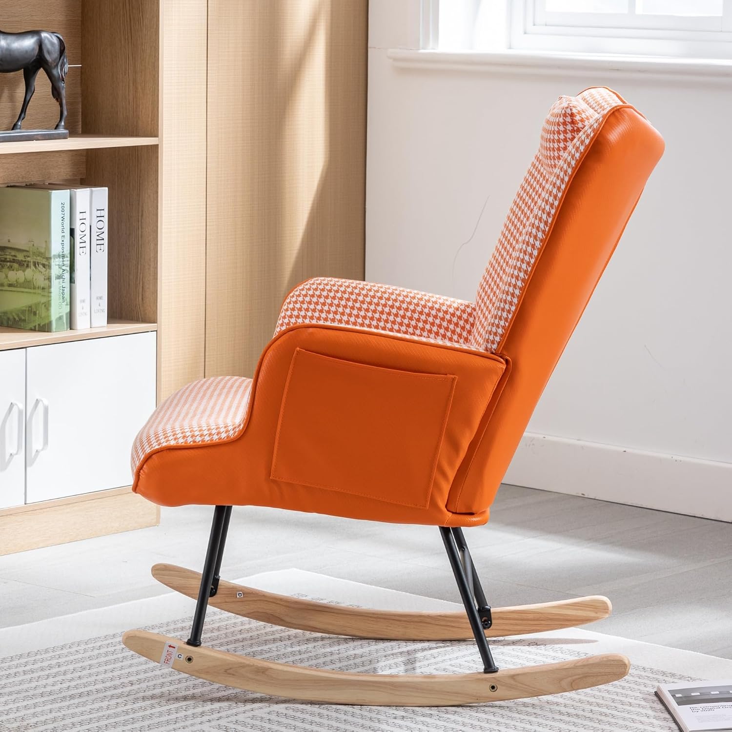 35.5' Nursery Rocking Chair Cotton Linen Upholstered Glider Chair with High Backrest Armchair for Living Room Bedroom Orange