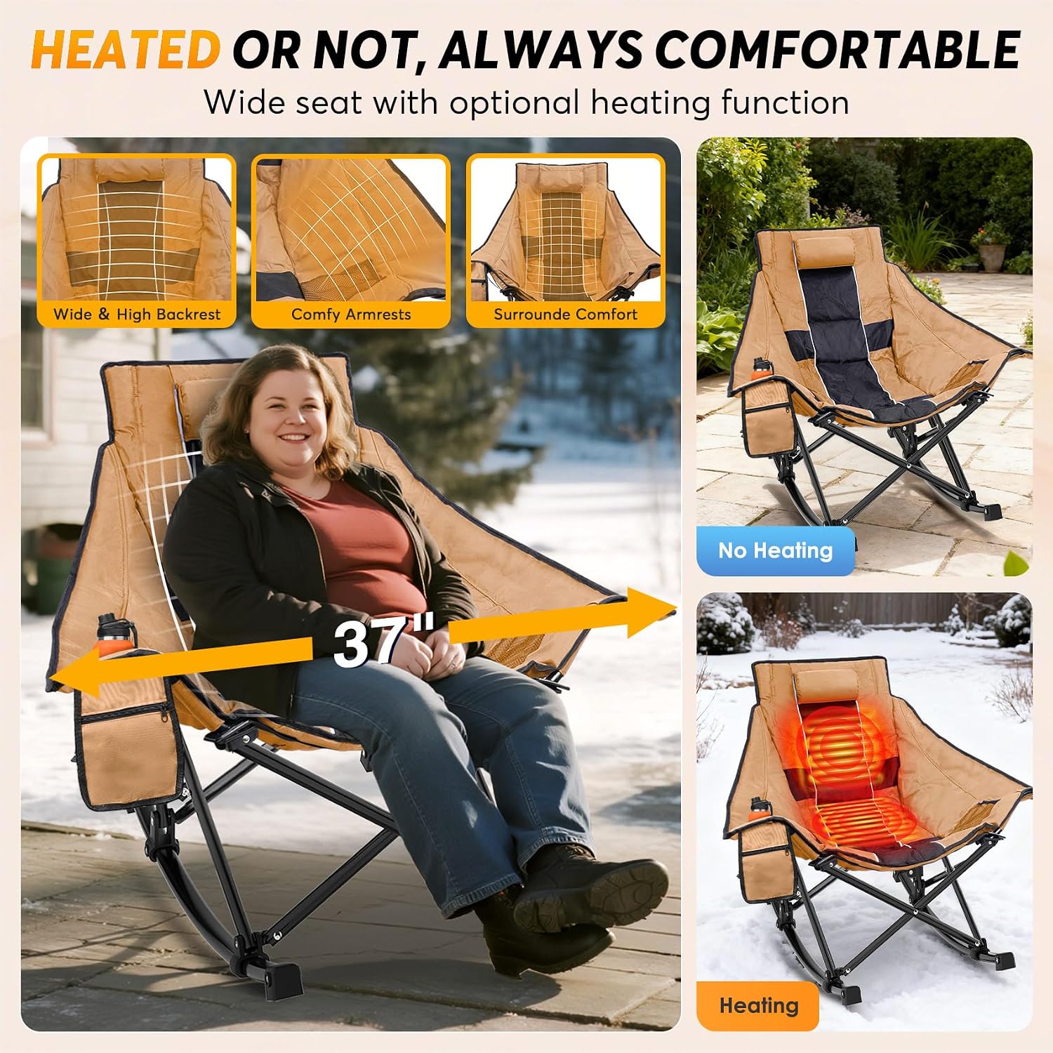 Suteck Heated Rocking Camping Chair - Fully Thicker Padded Heated Chairs for Outdoor Sports W/3 Heat Levels for Back & Seat, Heated Folding Chair for Adults with Carry Bag- Battery NOT Included