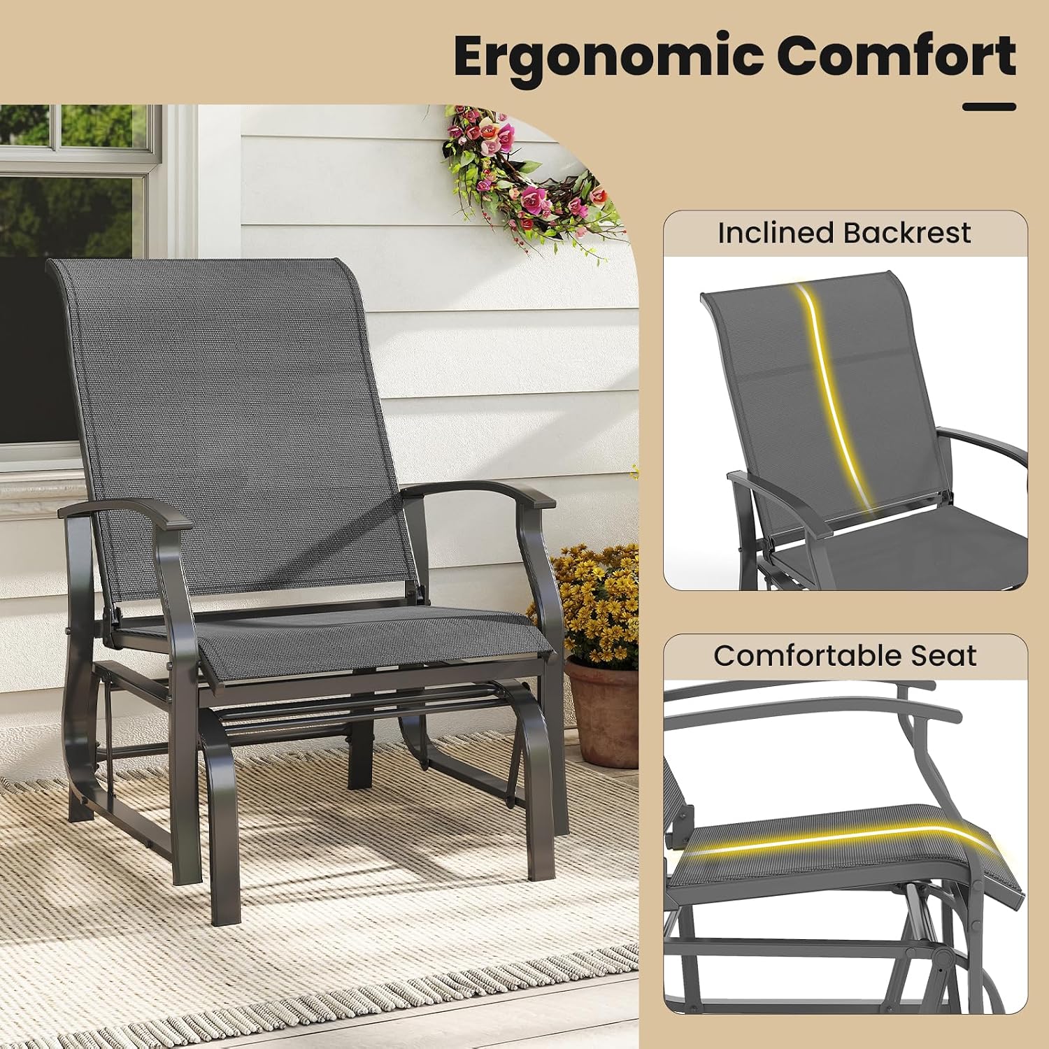 Giantex 4-Pack Outdoor Glider Rocking Chairs, Rockers with Ergonomic Backrest & Seat, Extra Armrests, Metal Frame, Anti-Scratch Foot Pads, Load 350Lbs, Patio Gliders for Porch, Yard, Garden, Grey