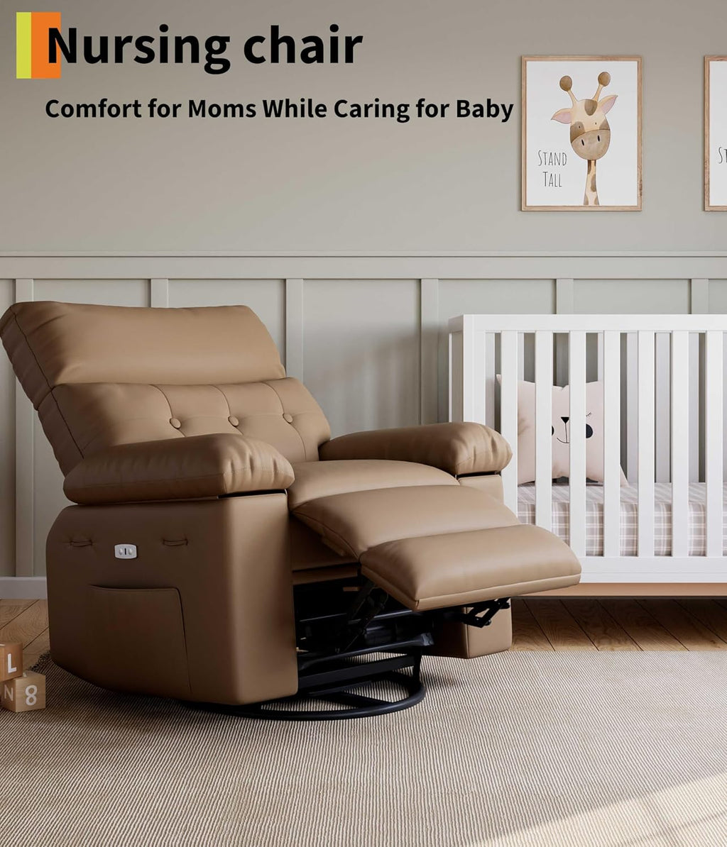 GarveeHome Oversized Power Rocker Swivel Recliner Chair - Heat and Massage, PU Leather Electric Glider Rocking Chair with USB Port, Glider Recliner Nursery Chair for Living Room, Bedroom, Nursery