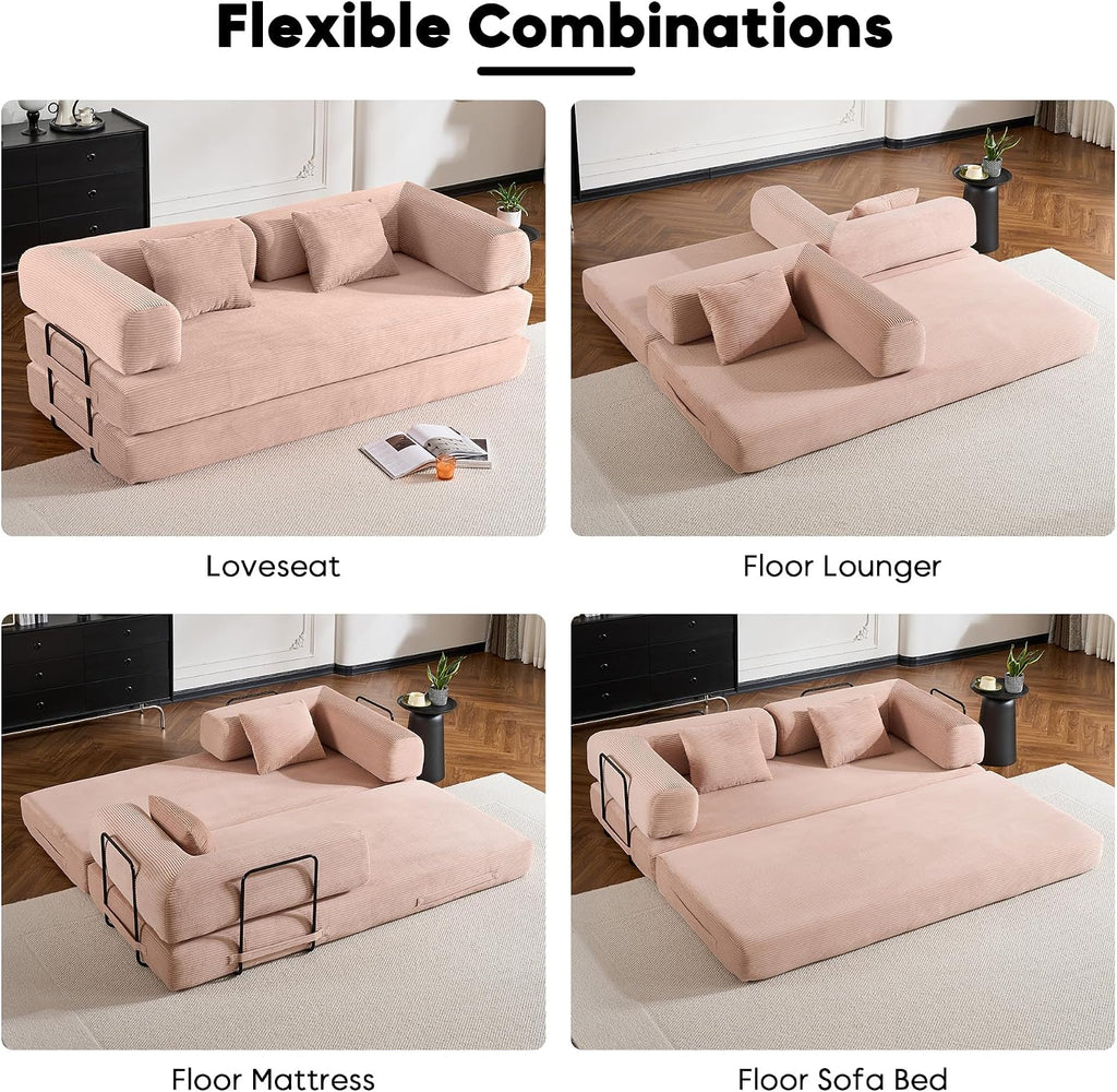 ZEIINPA Convertible Folding Couch Bed, Comfy Corduroy Sleeper Floor Sofa Bed with Fixed-Shape Frame, Floor Sofa with Armrest, Lounge Couch for Living Room Bedroom Lounge Studio,Pale Pink