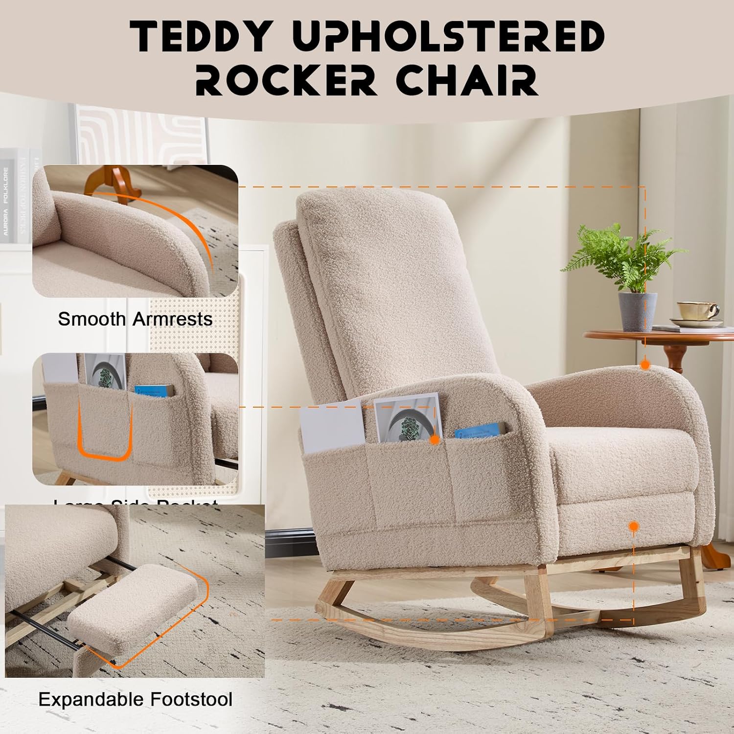 Cloud Rocking Chair Nursery, Comfy Glider Nursery Chair with Foot Rest, Upholstered Rocker, Modern Accent Reading Armchair with Solid Wood Base for Living Room, Bedroom (40.9' Beige)