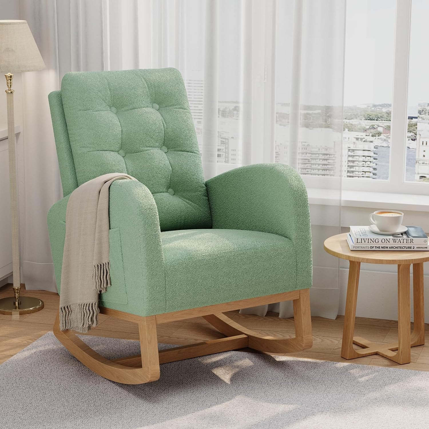 GarveeHome Nursery Rocking Chair, Teddy Fleece Upholstery, Sturdy Wooden Legs & High Backrest, Comfortable Glider Rocking Chair for Living Room or Bedroom, Light Green