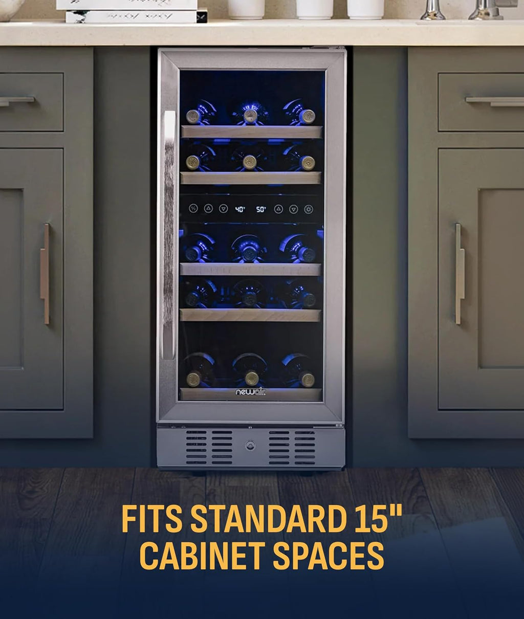 NewAir 15' Dual Zone Wine Fridge for 29 Bottles | Built-In or Freestanding Wine Cooler Refrigerator with Glass Door | Precision Cooling & Wood Shelves for Red and White Wines | Stainless Steel