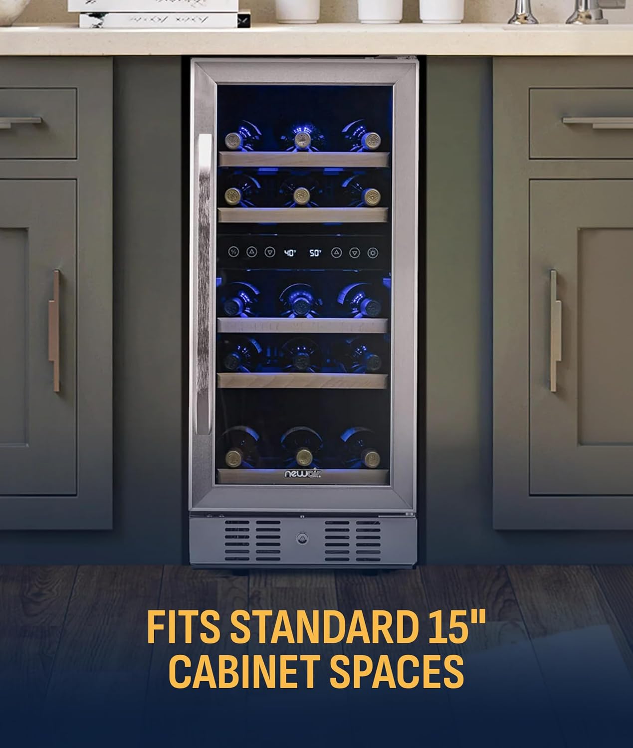 NewAir 15' Dual Zone Wine Fridge for 29 Bottles | Built-In or Freestanding Wine Cooler Refrigerator with Glass Door | Precision Cooling & Wood Shelves for Red and White Wines | Stainless Steel