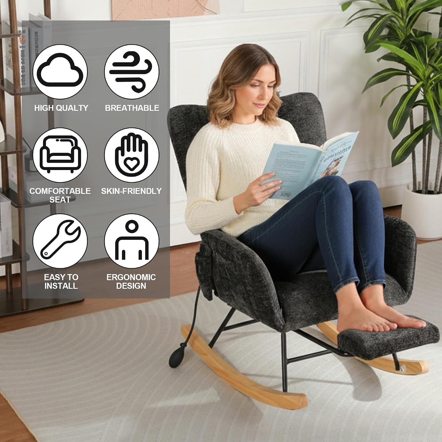 Rocking Chair Nursery with Airbag, Comfy Modern Nursery Rocking Reading Chair Indoor with Footrest, Cozy Upholstered Glider Rocker Chairs for Living Room Bedroom Offices(Chenille, Black)