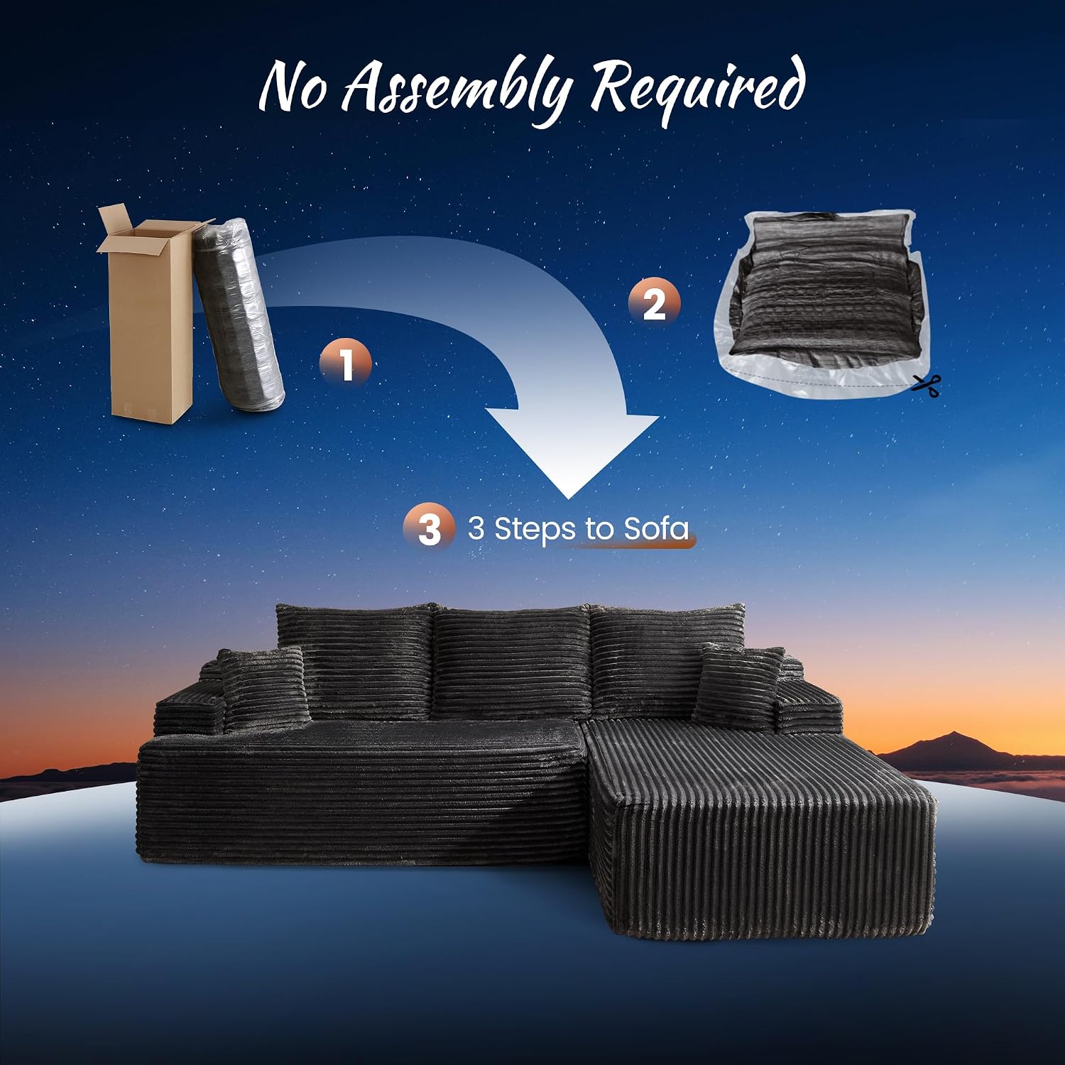 ovios 104' Cloud Boneless Couch with Glitter Fabric, Moudular Sectional Sofa with Deep Seat, No Assembly Required, Modern Minimalist L Shaped Couches with Chaise for Living Room, Grey