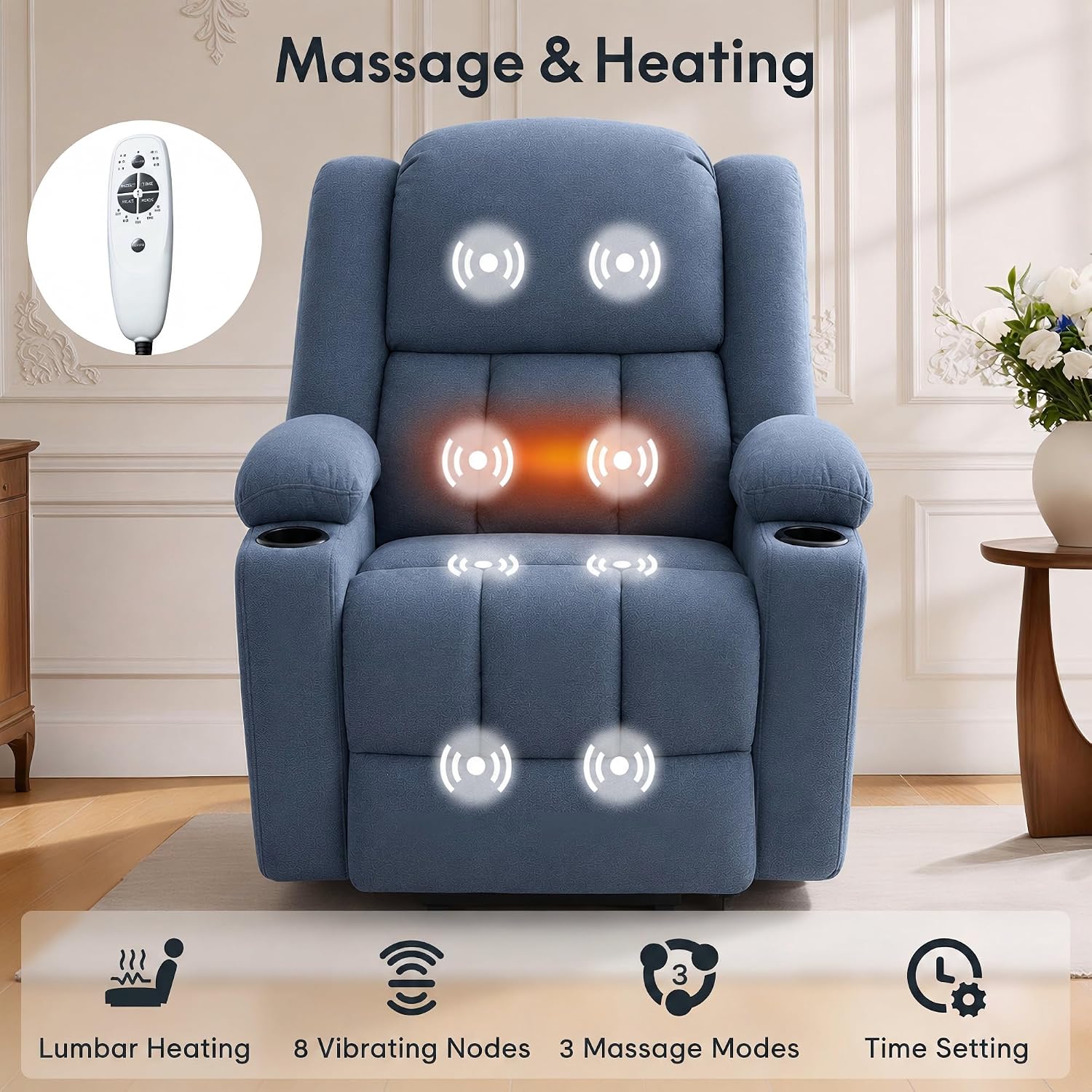 FLEXISPOT XL31 Power Lift Recliner Chair for Elderly, Electric Lift Chair with Massage & Heat, Fabric Reclining Sofa w/USB & Type-C Charging for Living Room Bedroom(Medium Size, Denim Blue)