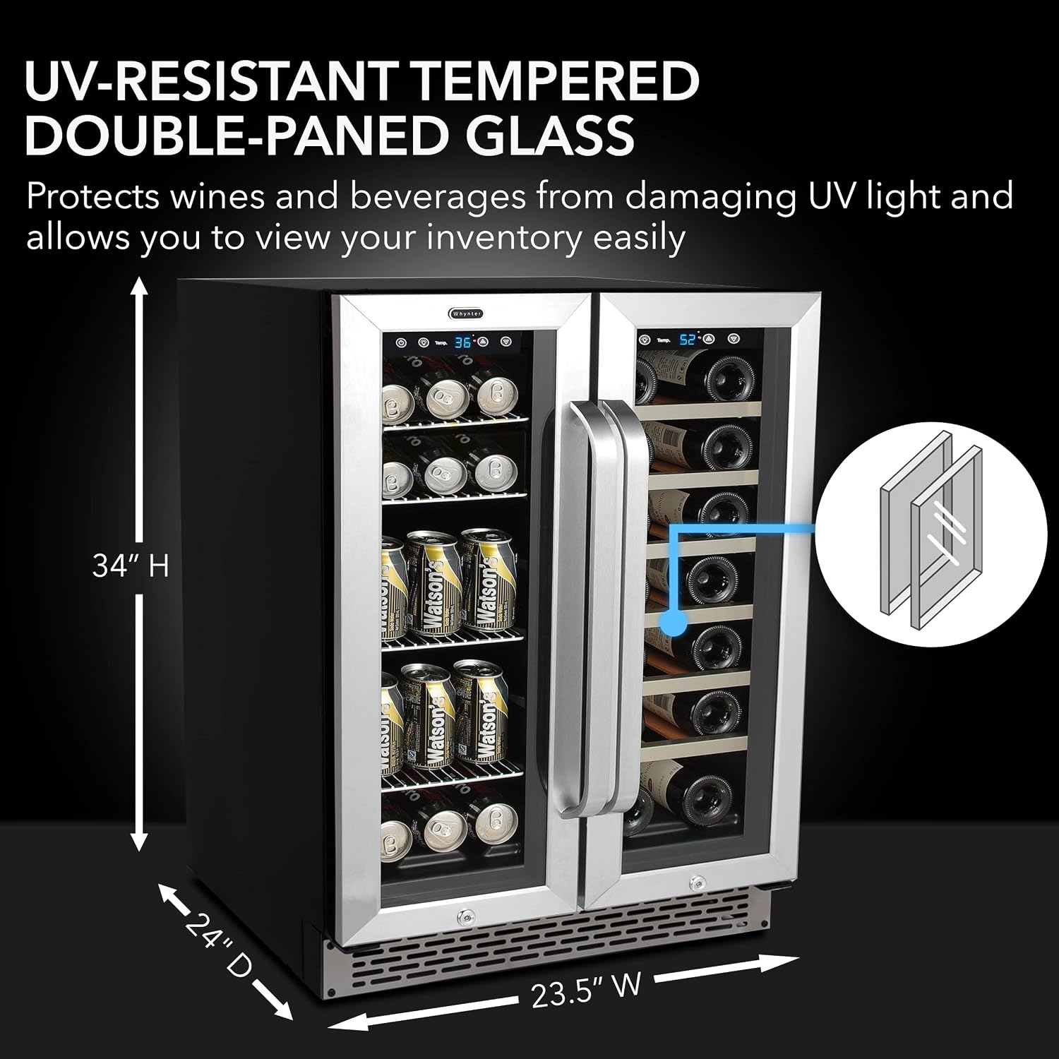 Whynter Cooler BWB-2060FDS Built-in French Door 20 Bottle Wine Refrigerator 69 Can Beverage Center, Stainless Steel, 24' Wide Dual Zone, Silver