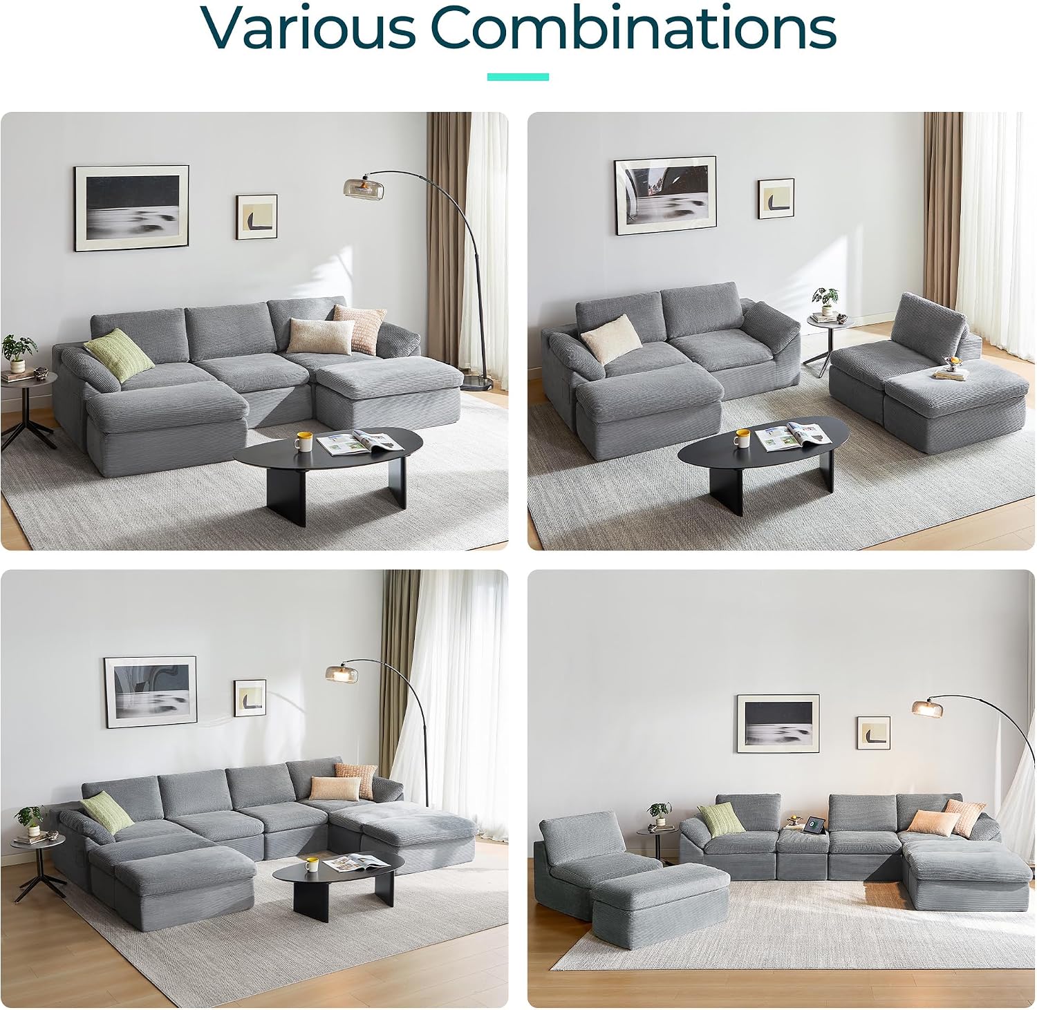 LINSY HOME 109' Modular Couch Modern Boneless Cloud Couch, U Shaped Sofa with Movable Ottomans, Deep Seat Corduroy Sectional Couches for Living Room, Apartment, No Assembly Required, Grey