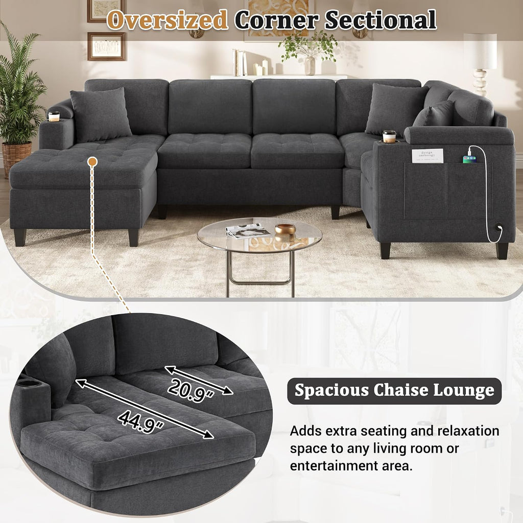 Eafurn Oversized U Shaped Sectional Sofa Tufted Couch w/Left Chaise, 6-Seater Chenille Convertible Corner Couches w/Cup Holders, Storage Armrest and USB Ports
