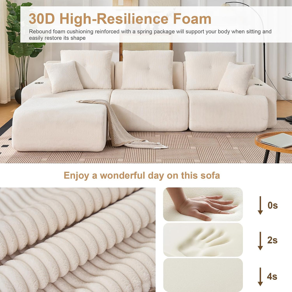 118' Modular Sectional Sofa with Cup Holders, Modern Boneless Sectional Couch with Side Storage Pockets and Movable Ottoman, Oversized L-Shape Couch for Living Room Bedroom, Apartments, White