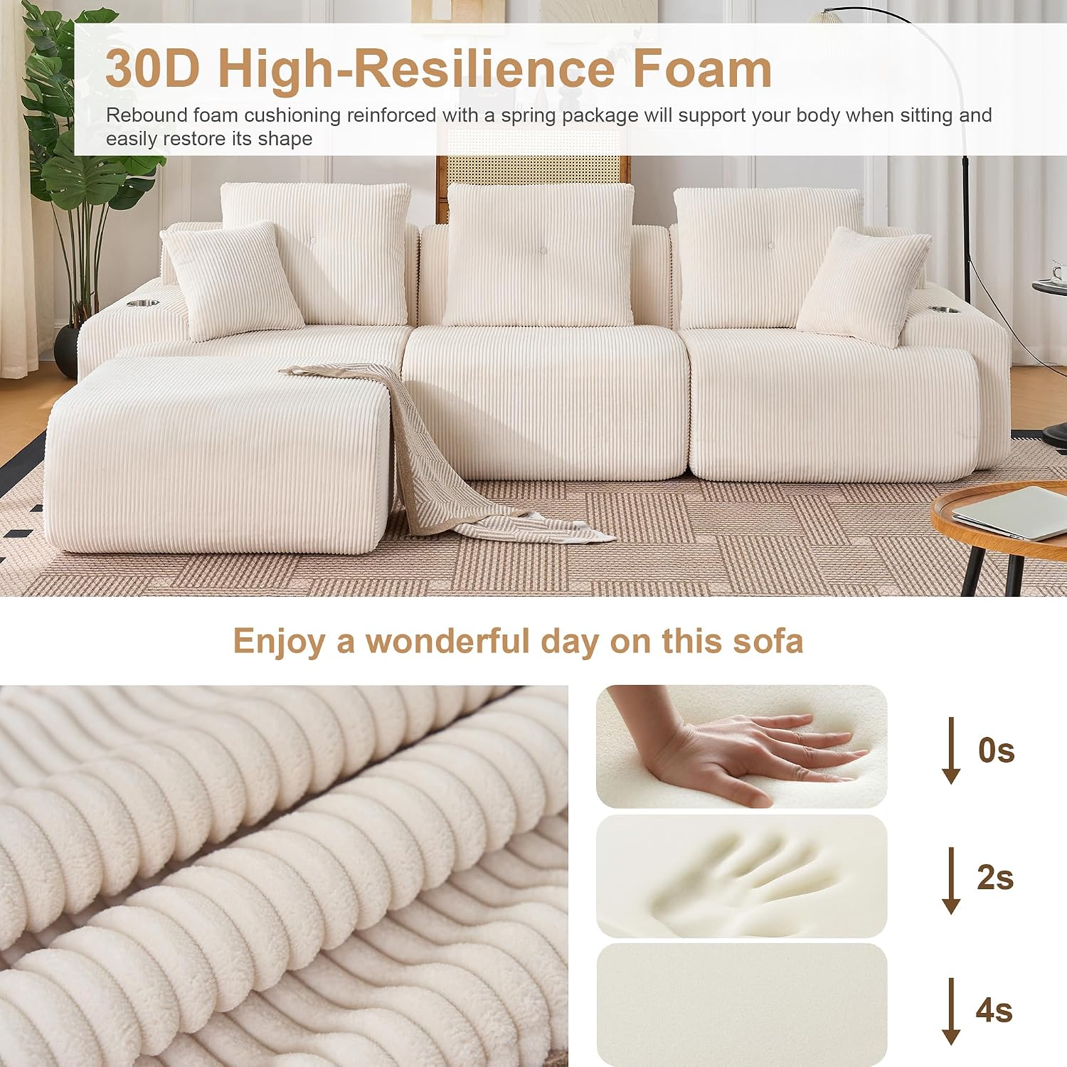 118' Modular Sectional Sofa with Cup Holders, Modern Boneless Sectional Couch with Side Storage Pockets and Movable Ottoman, Oversized L-Shape Couch for Living Room Bedroom, Apartments, White