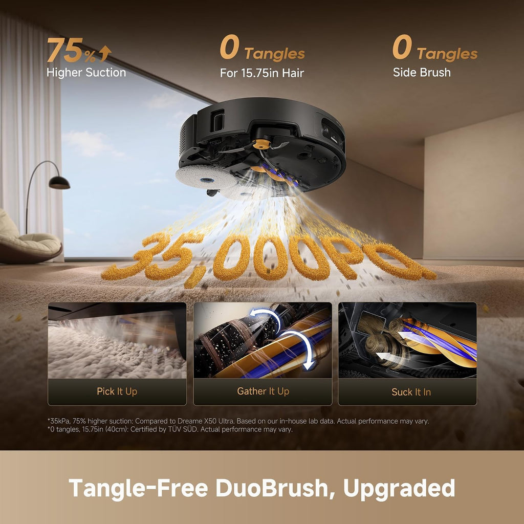 DREAME X60 Ultra Robot Vacuum and Mop, 3.13in Ultra-Thin Design, 3.47in Obstacle Clearing, 35,000Pa Suction, Self Emptying&Refilling, Mop Self-Cleaning, 100% Detangling, 280+Obstacle Avoidance, Black