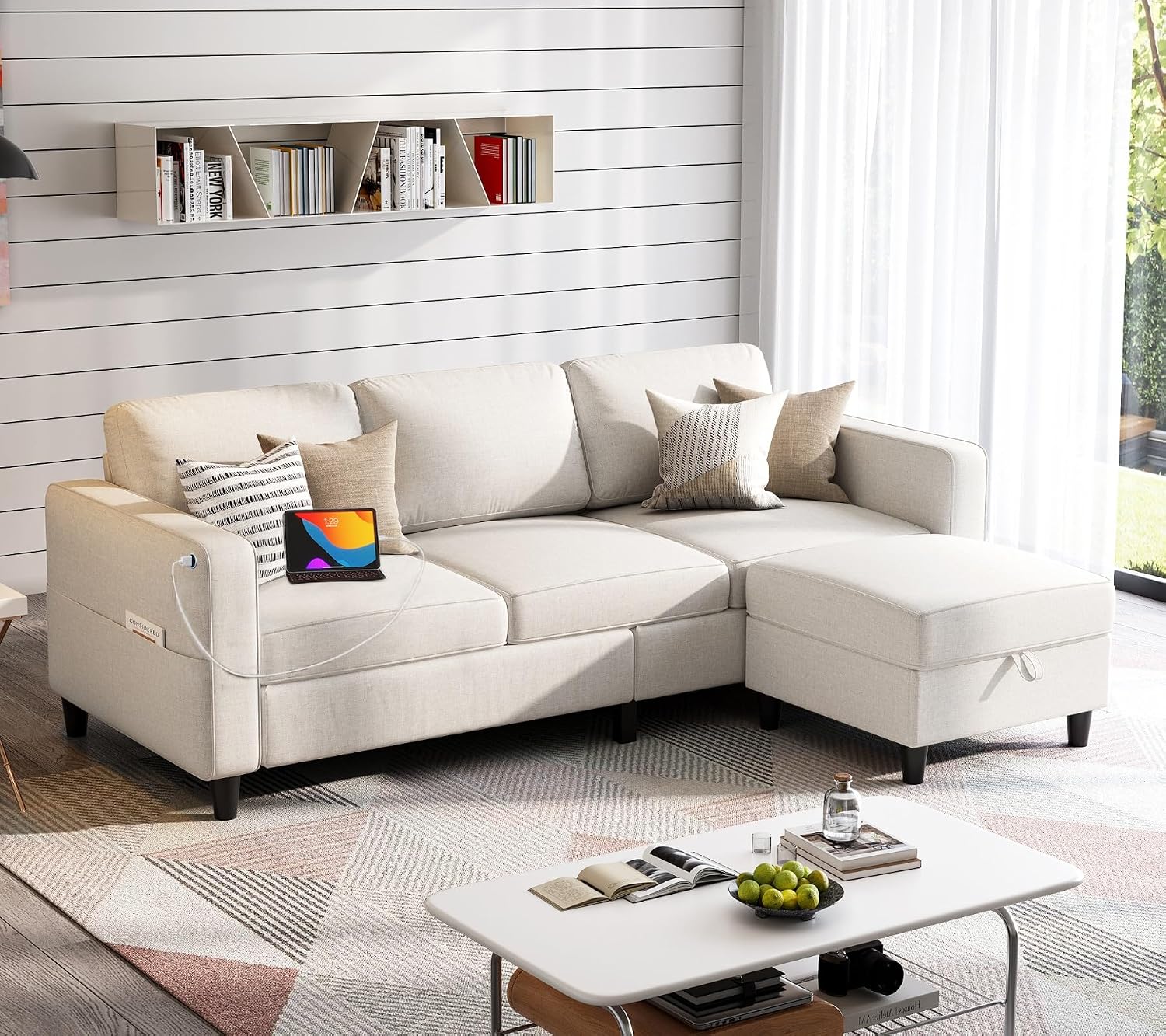Grzyhem Sectional Sofas Couches for Living Room 78' L-Shaped Couch - Modern Linen Beige Sofa with Storage Ottoman USB for Apartments, Studios & Home Offices, Small Space