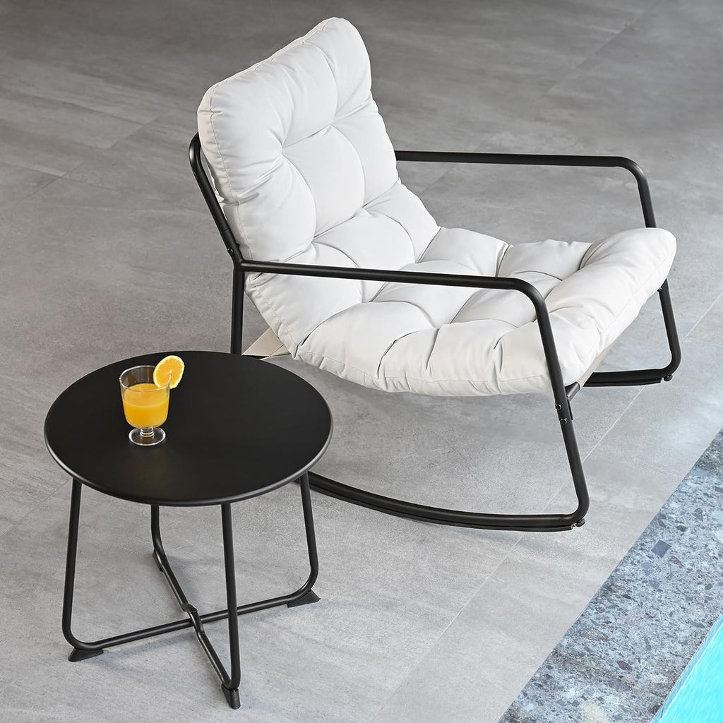2-Piece Outdoor Rocking Chair Set, Comfy Papasan Patio Lounge Chair with Thick Cushion, Oversized Patio Bistro Furniture with Side Table for Porch, Garden, Living Room (Beige)