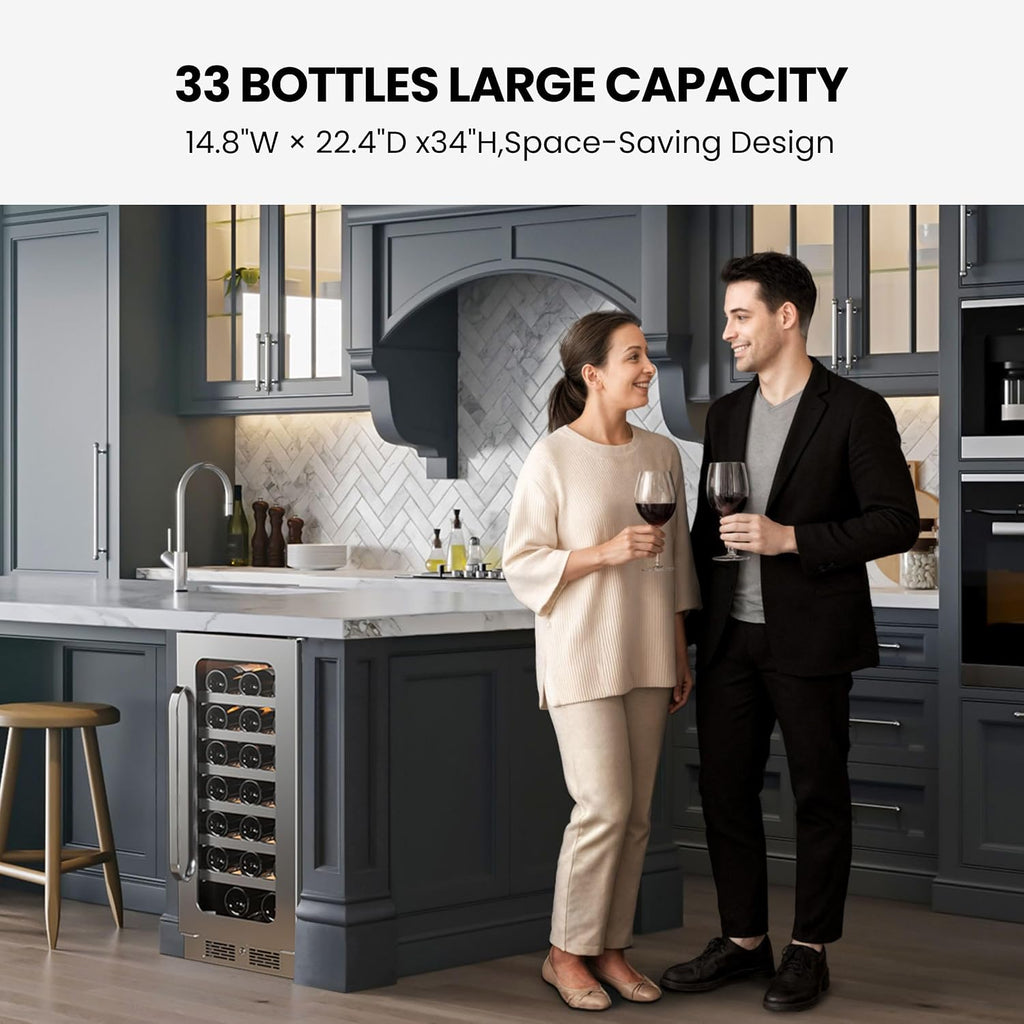 15 inch Wine Fridge Cooler 33 Bottles Wine Refrigerator Under Counter with Glass Door 3 LED Built-in or Freestanding Fridge Adjustable Shelves for Home Bar Kitchen 3.0 cu.ft