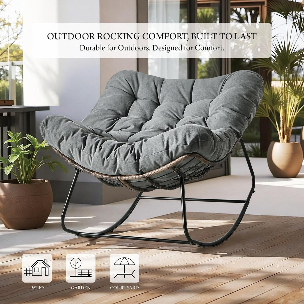 Outdoor Rocking Chair, Oversized Papasan Wicker Lounge Chair with Cushion, Relaxing Patio Rocker, Indoor Reading Egg Chair for Porch, Patio, Bedroom, Garden (Dark Grey)