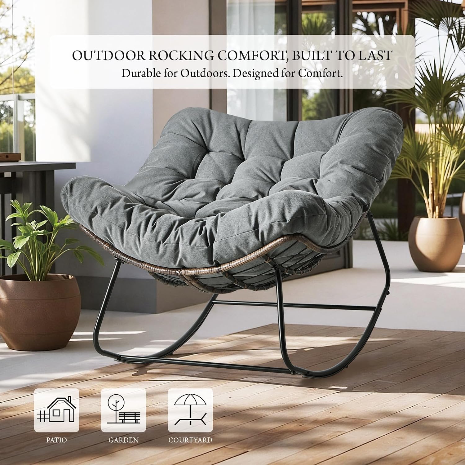 Outdoor Rocking Chair, Oversized Papasan Wicker Lounge Chair with Cushion, Relaxing Patio Rocker, Indoor Reading Egg Chair for Porch, Patio, Bedroom, Garden (Dark Grey)