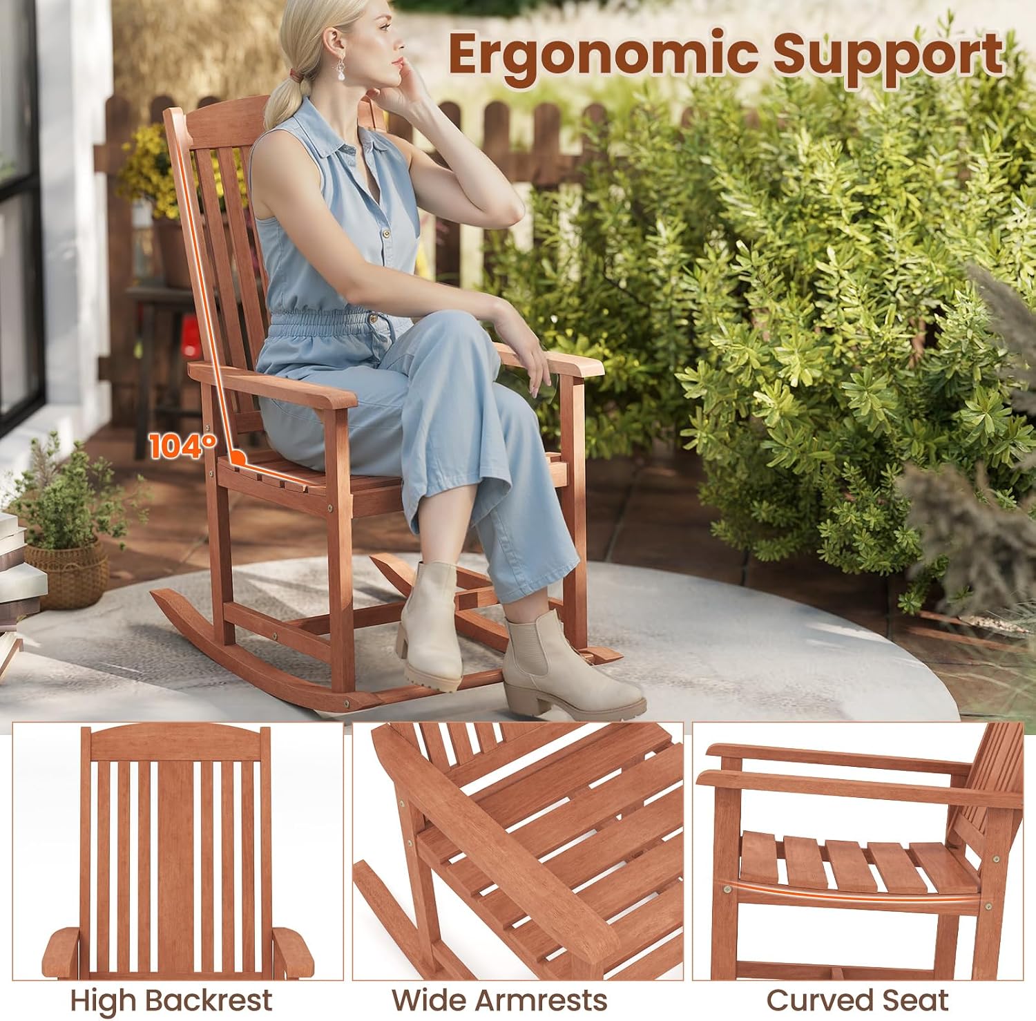 Tangkula Outdoor Patio Wood Rocking Chair, Relaxing Rocker w/High Backrest, Wide Armrests, Curved Seat, for Porch, Patio, Garden, Backyard, 400 LBS Support, Natural (2)