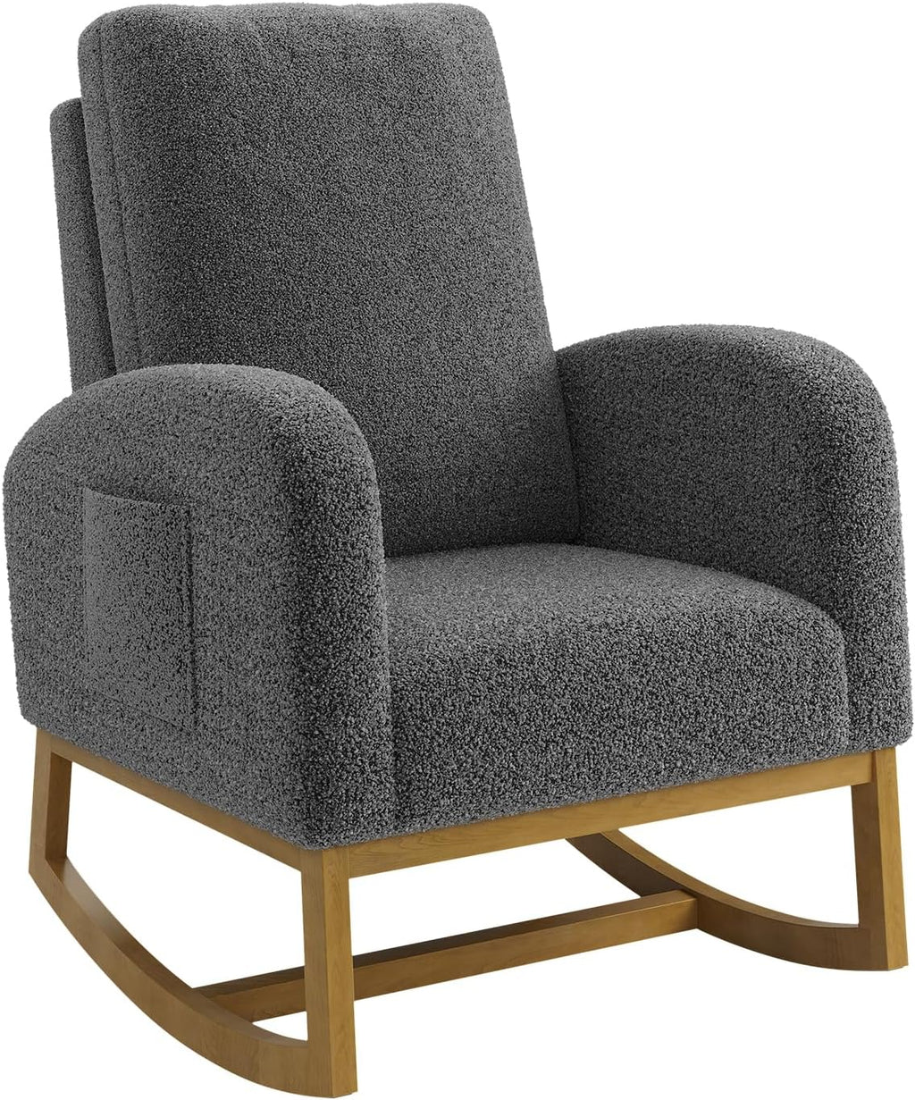 Teddy Upholstered Rocking Chair Nursery, Glider Rocker Chair with High Backrest and Side Pocket, High Back Accent Chair with Wood Legs, Comfy Side Chair for Nursery- Dark Gray
