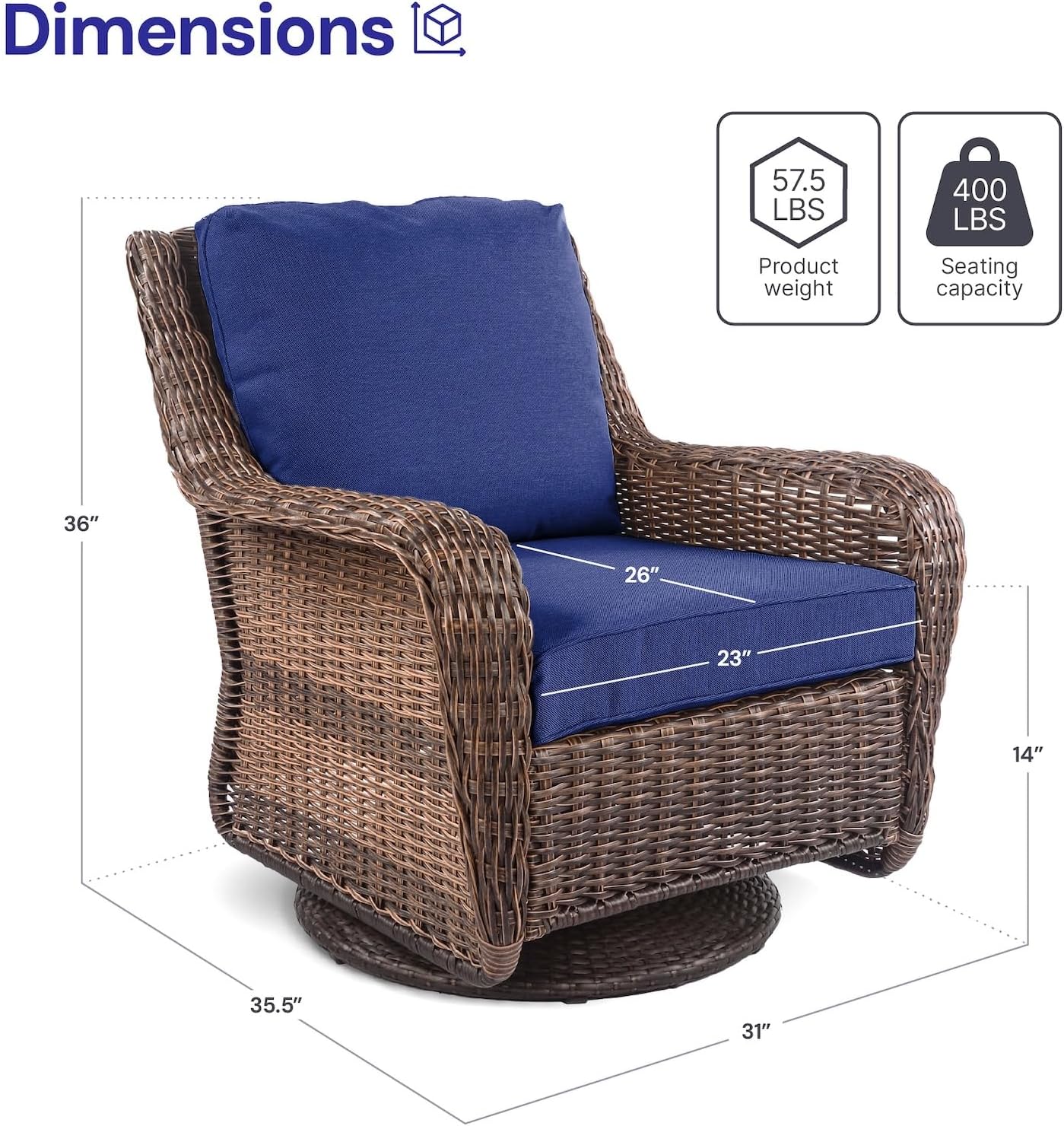 Cambridge Swivel Rocking Patio Chair, Hand-Woven HDPE Wicker Outdoor Rocker with Cushioned Seat and Round Base, All-Weather Porch & Patio Seating, Midnight Navy Blue