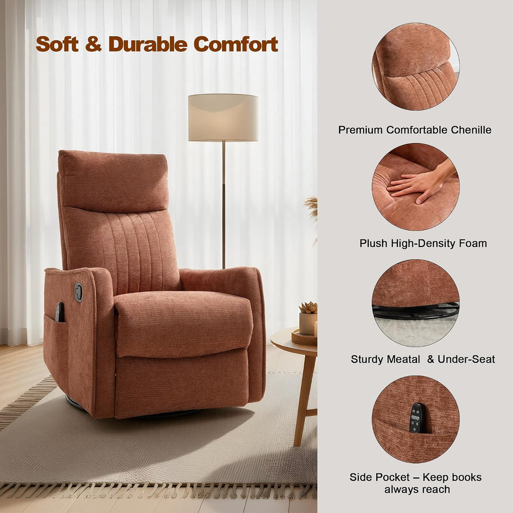 Casaphoria 360° Swivel Rocking Recliner Chair with Heat and Massage Upholstered Fabric Nursery Glider with Side Pocket for Living Room,Bedroom,Home Theater and RV Small Space(Orange)