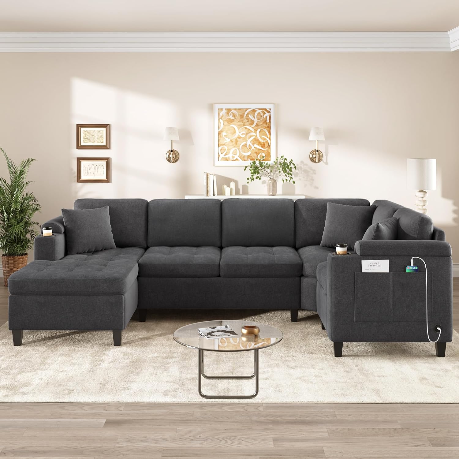 Eafurn Oversized U Shaped Sectional Sofa Tufted Couch w/Left Chaise, 6-Seater Chenille Convertible Corner Couches w/Cup Holders, Storage Armrest and USB Ports