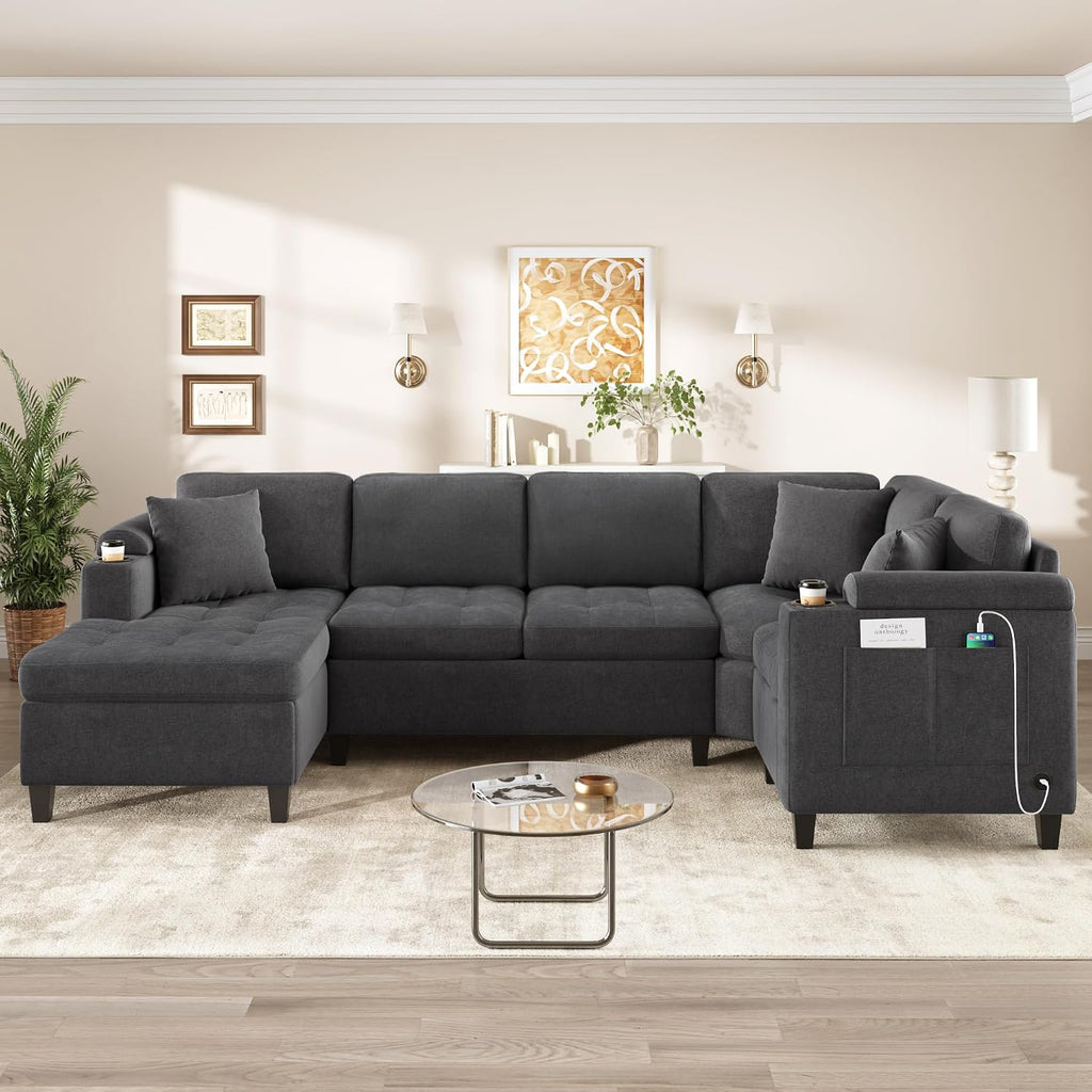 Merax 115.7' U-Shaped Chenille Sectional Sofa, 4 Seat Corner Couch Oversized with Built-in Cup Holders, 3 Pillows, Storage Space for Living Room, Grey