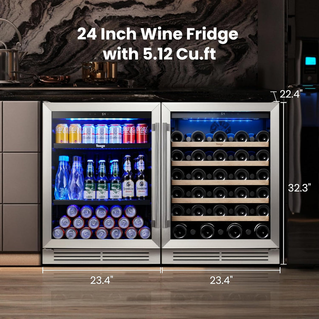 Yeego 48 inch Wine & Beverage Fridge Combo - Wine Cooler with Glass Doors, Hold 47 Bottles and 180 Cans, Built-in, Under Counter & Freestanding, Ideal for Bars, Offices, Restaurants