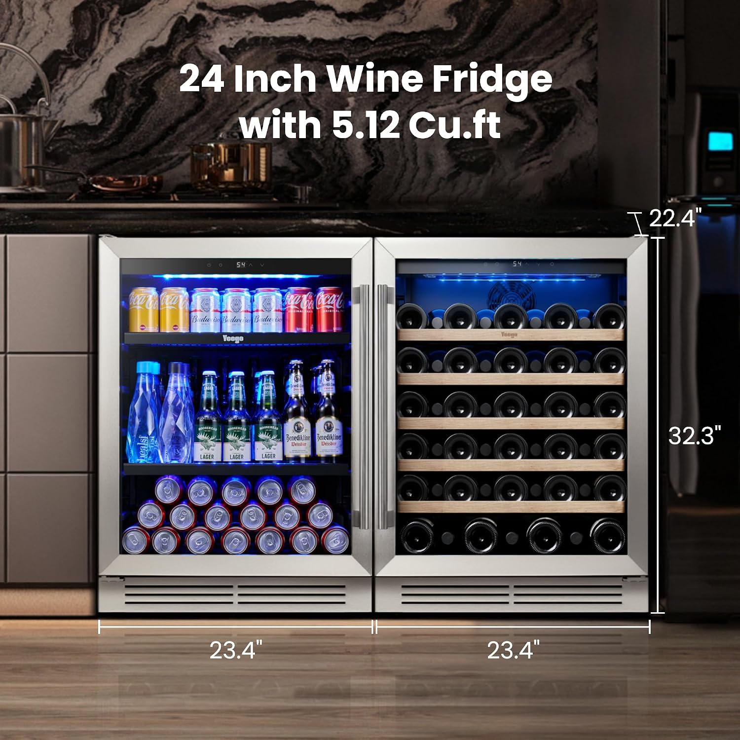 Yeego 48 inch Wine & Beverage Fridge Combo - Wine Cooler with Glass Doors, Hold 47 Bottles and 180 Cans, Built-in, Under Counter & Freestanding, Ideal for Bars, Offices, Restaurants