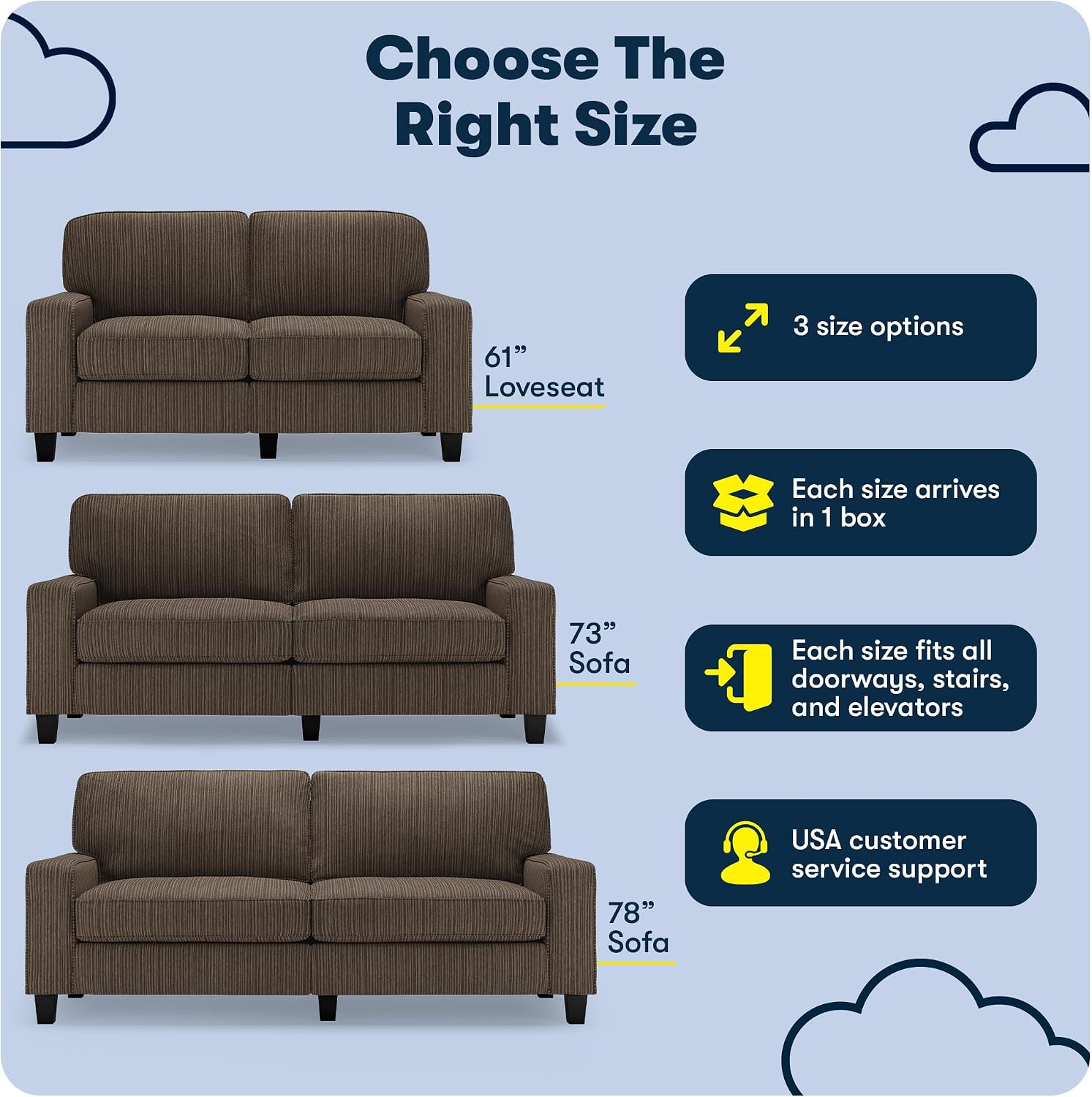 Serta Palisades 61' Track Arm Sofa, Easy Care Polyester, Soft Pillow Back, Pocket Coil Seat Cushions, Removable Covers, Loveseat or Couch for Small Spaces, Living Rooms or Bedrooms, Brown