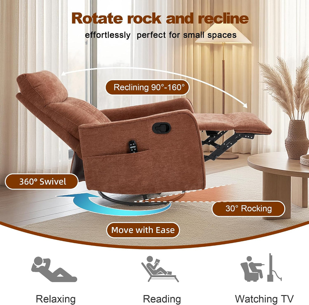 Casaphoria 360° Swivel Rocking Recliner Chair with Heat and Massage Upholstered Fabric Nursery Glider with Side Pocket for Living Room,Bedroom,Home Theater and RV Small Space(Orange)