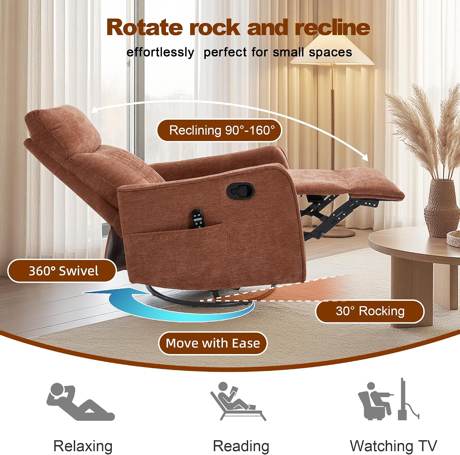 Casaphoria 360° Swivel Rocking Recliner Chair with Heat and Massage Upholstered Fabric Nursery Glider with Side Pocket for Living Room,Bedroom,Home Theater and RV Small Space(Orange)