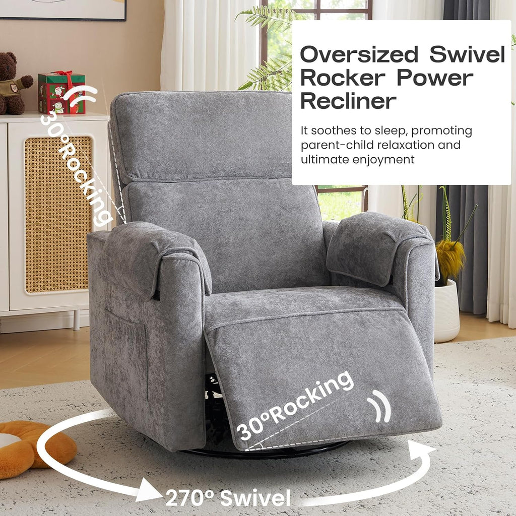 Chenille Rocking Chair Nursery with Adjustable Headrest, 24' Extra Wide Swivel Rocker Recliner with Overstuffed Armrest, Oversized Power Rocker Recliner with USB Ports, Grey