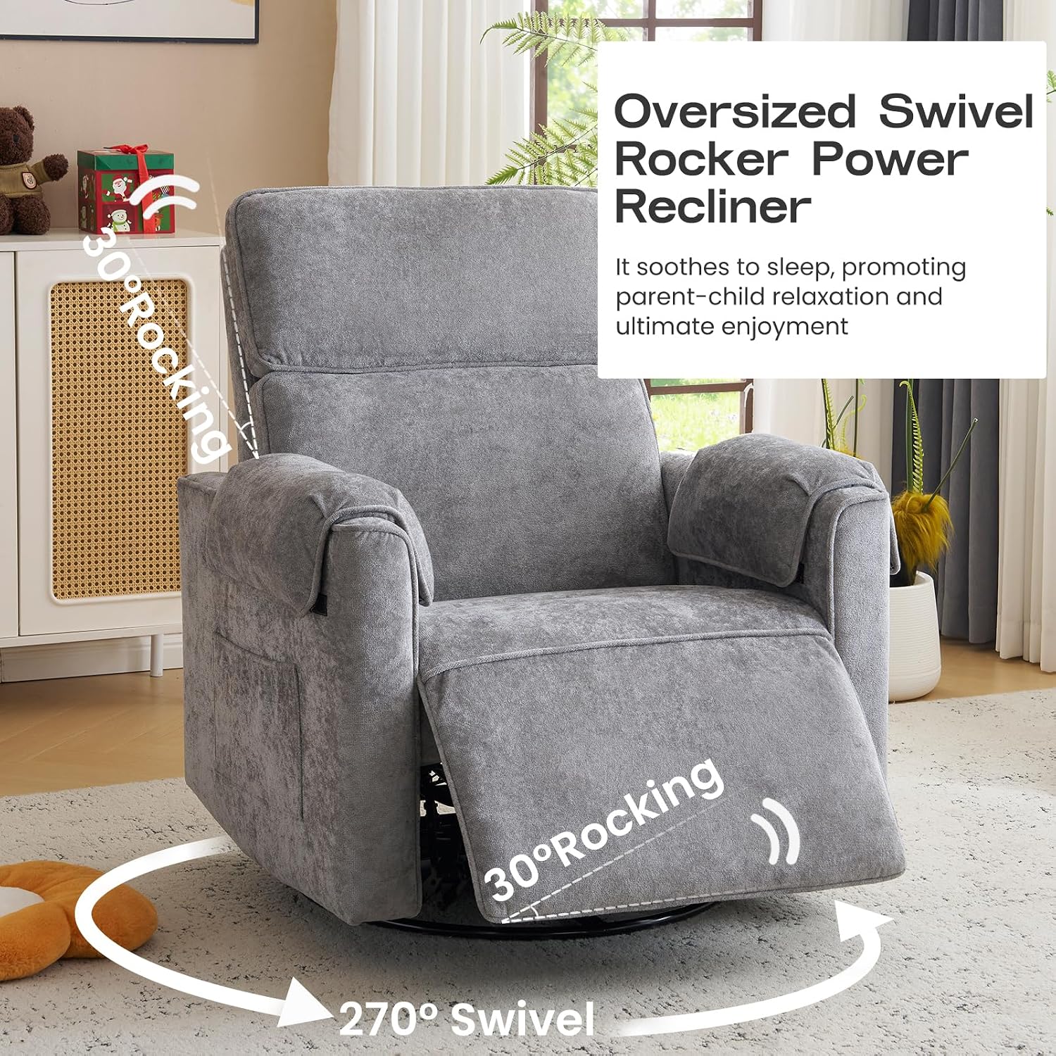 Chenille Rocking Chair Nursery with Adjustable Headrest, 24' Extra Wide Swivel Rocker Recliner with Overstuffed Armrest, Oversized Power Rocker Recliner with USB Ports, Grey