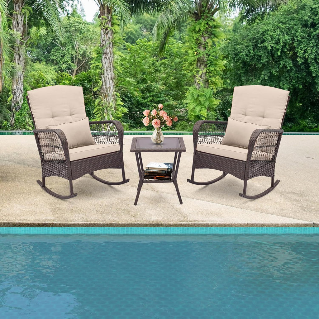 HAPPYGRILL 3 Pieces PE Rattan Rocking Bistro Set, Rocking Chairs with 2-Tier Coffee Table, Thick Pillows and Cushions, Outdoor Conversation Set for Porch, Garden and Poolside, (Beige)