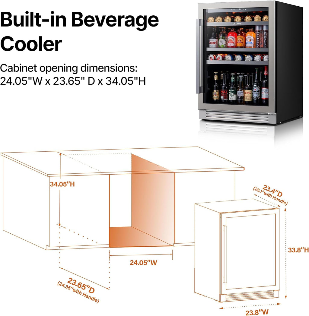 Ca'Lefort 24 Inch Beverage Refrigerator - 180 Can Beverage Fridge with 34°-54°F, Built in or Freestanding Beverage Cooler with Glass Door and 3 LED, Drink Fridge for Home/Kitchen(5.65 cu.ft)