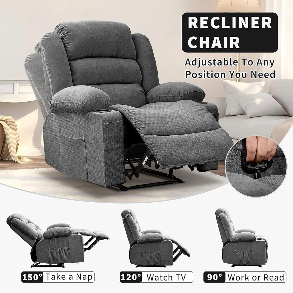 GarveeHome Large Recliner Chair for Adults Manual Pull Tab Reclining Chair with Cup Holders 3-Position Recliner Sofa for Living Room Overstuffed Single Sofa Chair Supports 350 Lbs