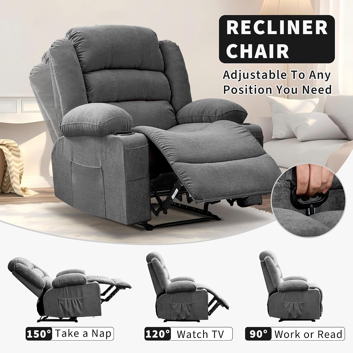 GarveeHome Large Recliner Chair for Adults Manual Pull Tab Reclining Chair with Cup Holders 3-Position Recliner Sofa for Living Room Overstuffed Single Sofa Chair Supports 350 Lbs