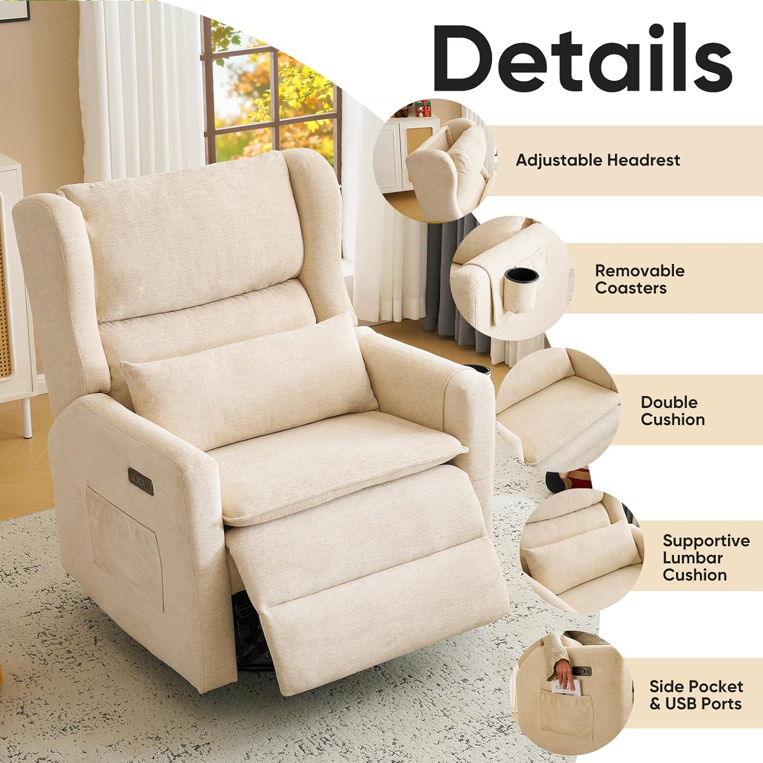 Swivel Rocker Recliner with Overstuffed Lumbar Support,Oversized Rocking Chair Nursery with Adjustable Headrest,Power Recliner Nursery Chair for Living Room,Beige