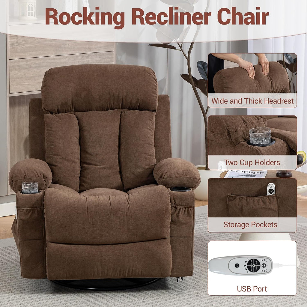 360 Swivel Rocking Chair, Rocker Recliner with Vibration Massage and Heat, Ergonomic Lounge Chair with Rocking Function, Side Pocket, Cup Holders, Soft Breathable Fabric, Brown