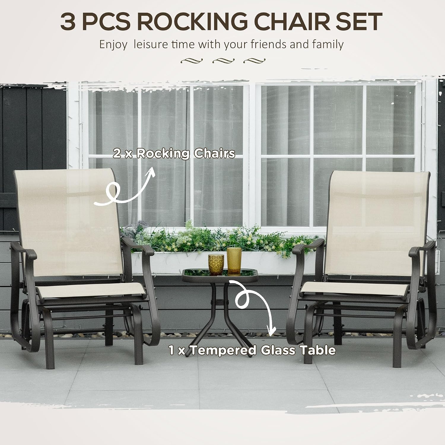 Outsunny 3-Piece Outdoor Gliders Set, Bistro Table and Chairs with Steel Frame, Tempered Glass Top Table for Patio, Garden, Backyard, Lawn, Beige