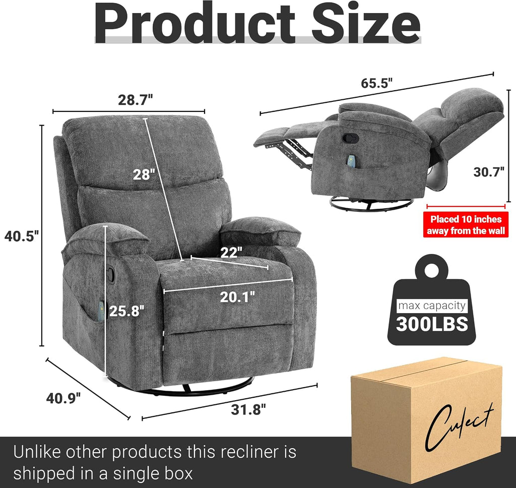 360° Swivel Rocking Recliner Chair, Massage Lazy Boy Recliner, Small Spaces Recliner for Living Room, Bedroom and Nursery, Dark Gray Chenille