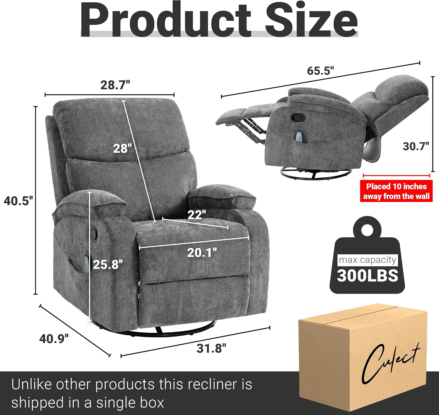 360° Swivel Rocking Recliner Chair, Massage Lazy Boy Recliner, Small Spaces Recliner for Living Room, Bedroom and Nursery, Dark Gray Chenille