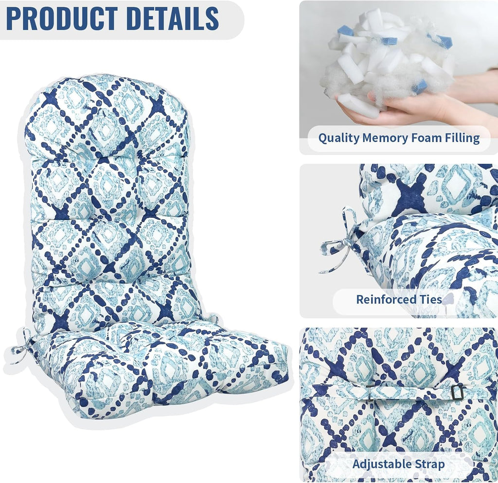 Indoor/Outdoor Adirondack Chair Cushions 44 x 19 x 4 Inch, Tufted Outdoor Rocking Chair Cushion, Anti-Slip High Back Patio Chair Cushions, Set of 2, Boho Geometry Blue