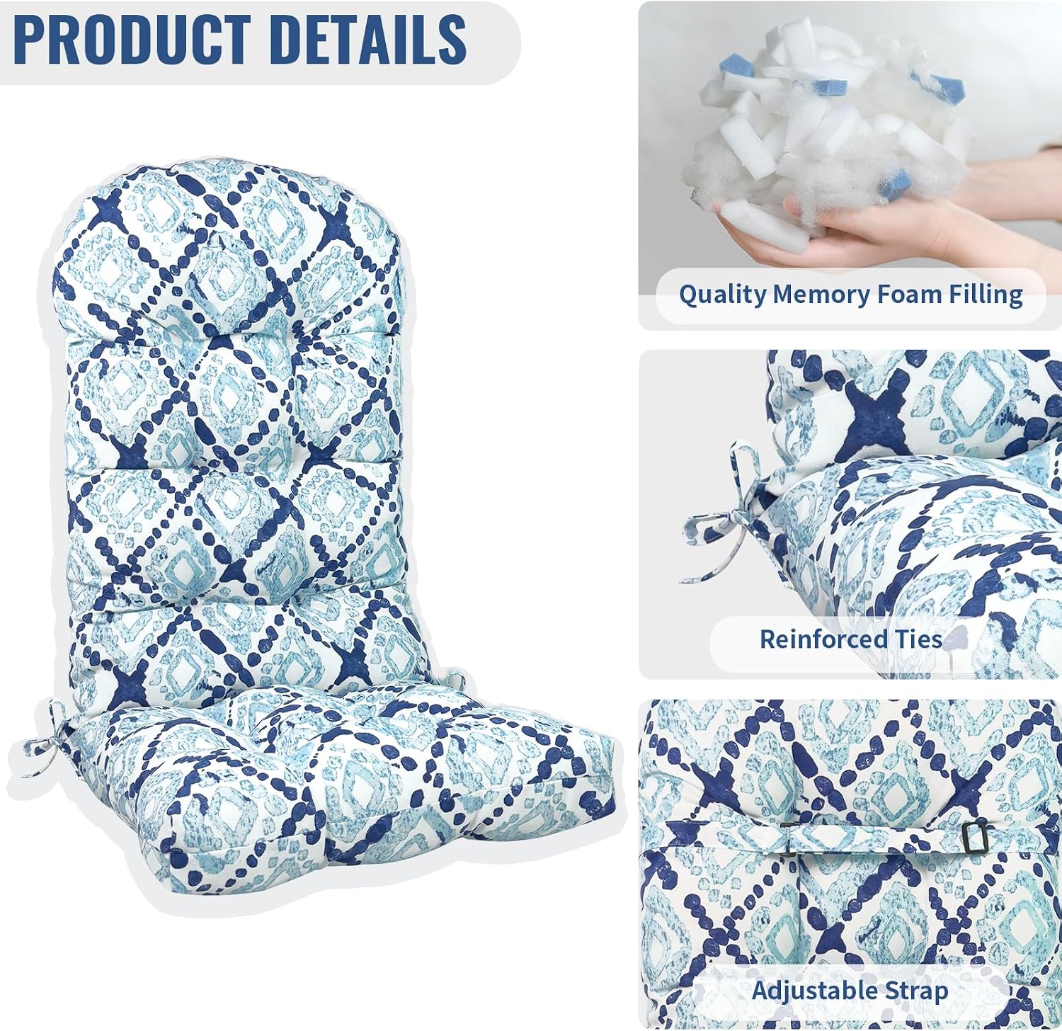 Indoor/Outdoor Adirondack Chair Cushions 44 x 19 x 4 Inch, Tufted Outdoor Rocking Chair Cushion, Anti-Slip High Back Patio Chair Cushions, Set of 2, Boho Geometry Blue