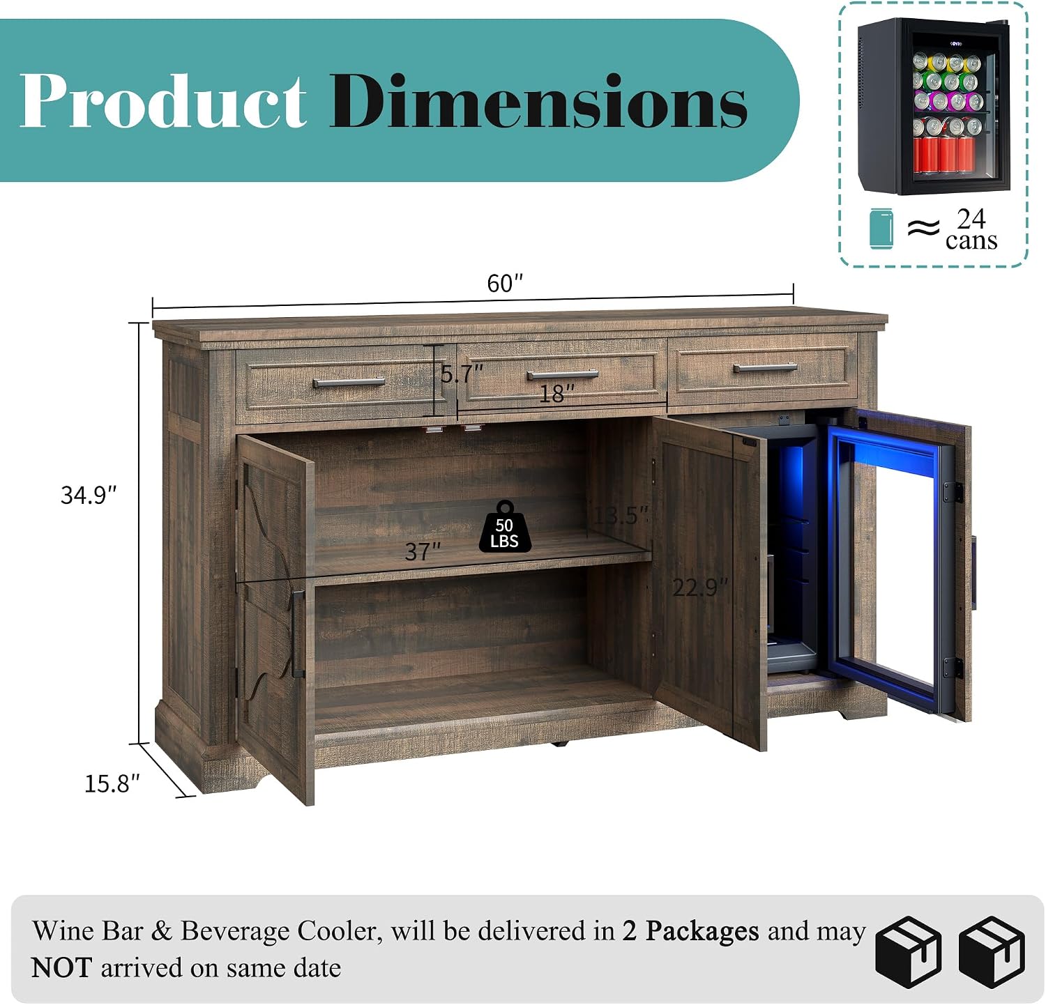 LUXOAK 60' Farmhouse Coffee Bar Cabinet with Mini Fridge Space, Wine Bar Cabinet with Drawers & Shelves, Buffet Sideboard Table for Home, Dining Room, Living Room, Brown