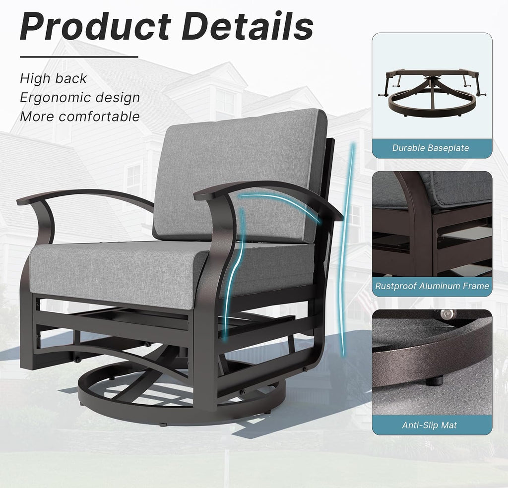 Kurapika 5 Pieces Patio Furniture Set, Outdoor Aluminum Rocking Chair, Patio Bistro Set Swivel Gliders Rocker with Thickened Cushions and Side Table(Grey)