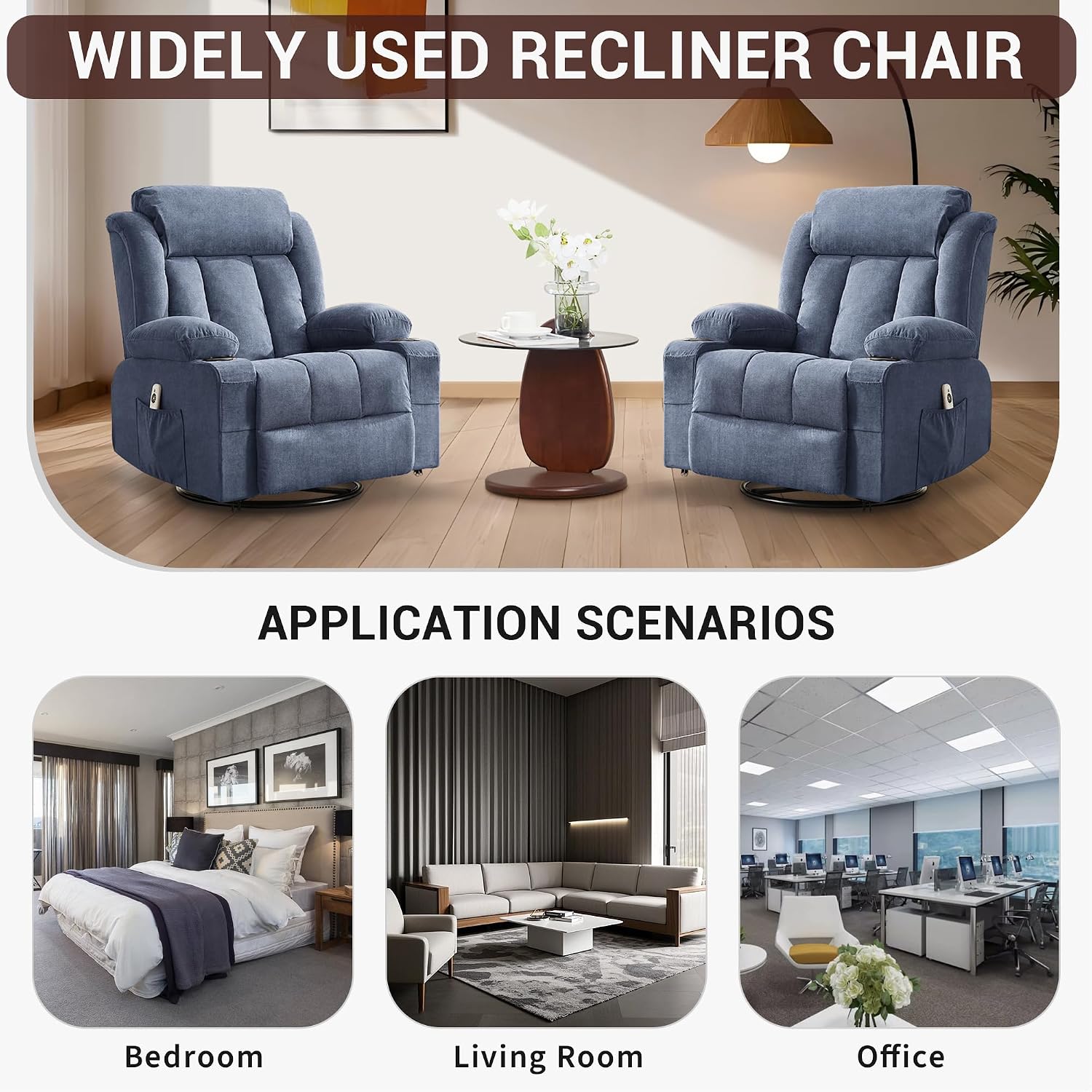 GarveeHome Rocker Swivel Recliner Chair with Heat Massage Large Wide Rocking Lazy Boy Single Sofa Seat with 3 Positions 2 Side Pockets Cup Holders USB Ports Remote Control (Blue)